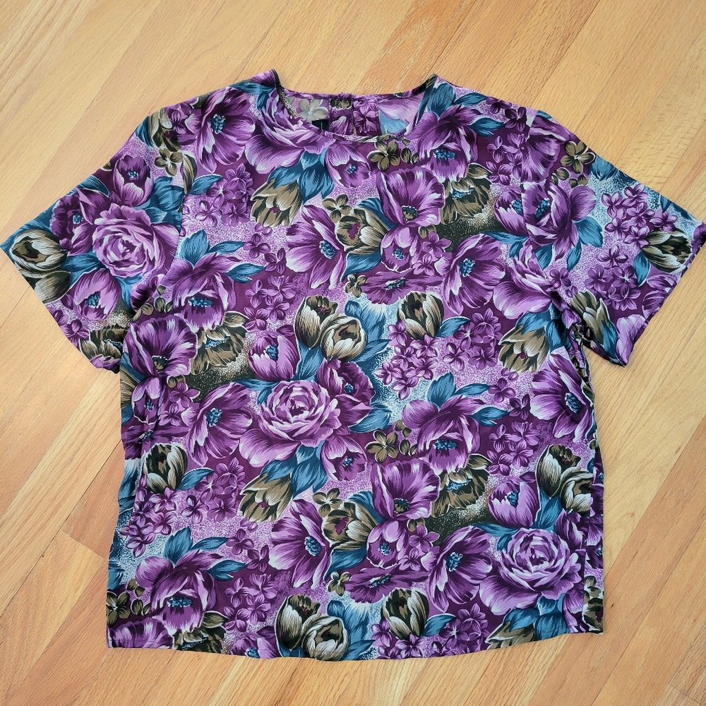 VTG Silk Top by Laura & Jayne Silk Collection Purple Floral Print Blouse Sz M